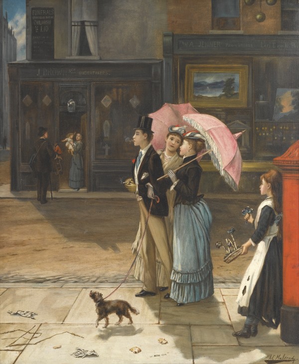 A young family walking the dog by Augustus Edwin Mulready